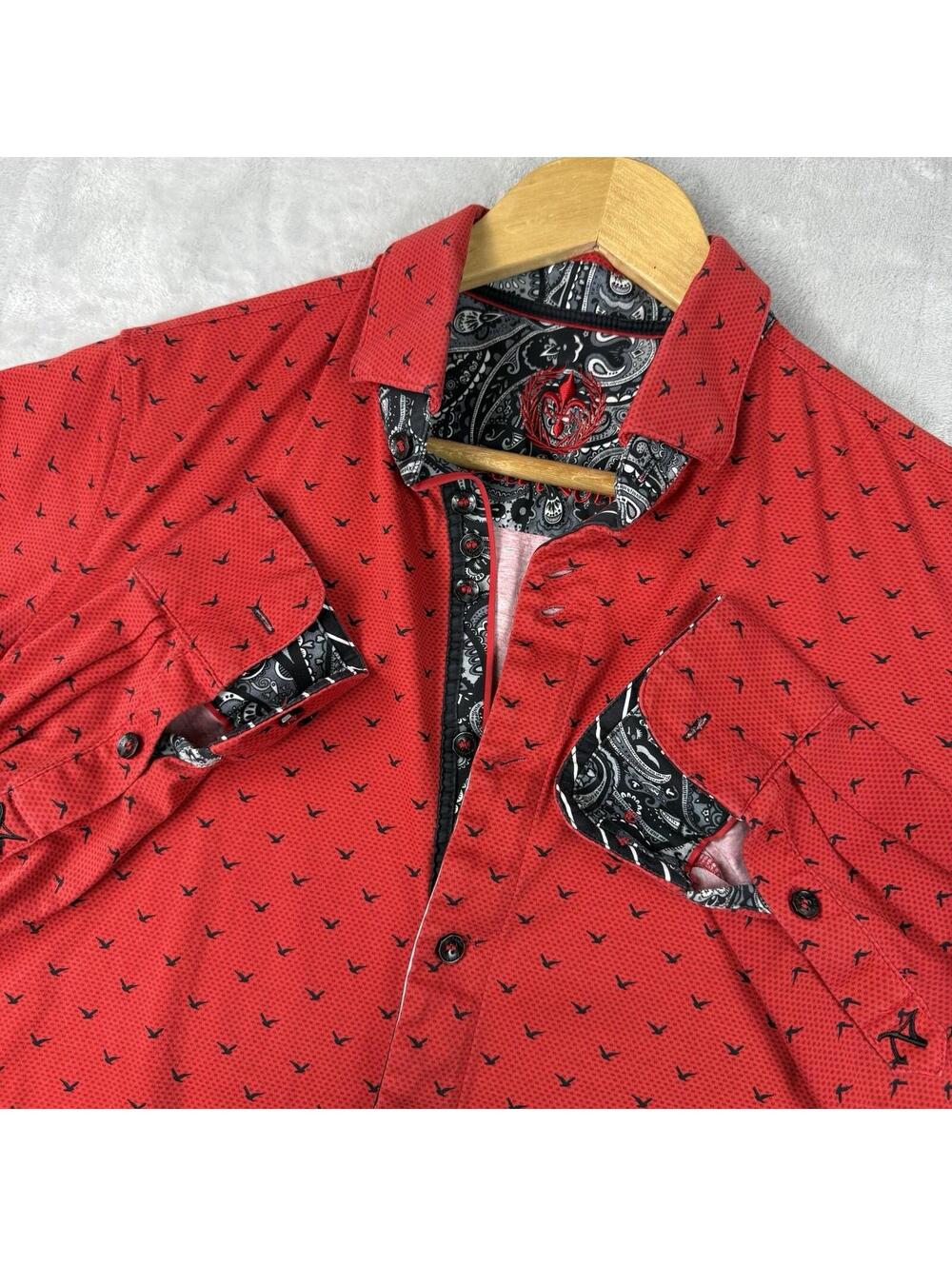 Au Noir Red Paisley Trim Button Up Shirt Mens Small Soft Stretch Preppy Designer